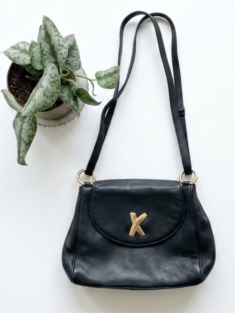 Vintage Paloma Picasso black leather bag with gold hardware 1980s